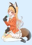  1girl animal_ears black_footwear black_gloves blazer blonde_hair blue_background bow bowtie eating extra_ears ezo_red_fox_(kemono_friends) food fox_ears fox_tail frilled_hairband frills fur-trimmed_sleeves fur_trim gloves gradient_legwear hairband highres holding holding_food jacket japari_bun kemono_friends loafers long_hair long_sleeves looking_at_viewer miniskirt necktie open_mouth orange_jacket orange_necktie panties pantyhose pleated_skirt retsumaru shoes simple_background sitting skirt smile solo tail underwear wariza white_bow white_bowtie white_panties white_skirt yellow_eyes yellow_pantyhose 