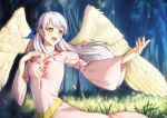  1girl :d absurdres alternate_universe collarbone dress feathered_wings fire_emblem fire_emblem:_radiant_dawn forest grey_hair hair_ribbon half_updo highres long_dress long_hair long_sleeves looking_to_the_side micaiah_(fire_emblem) music nature outdoors pink_dress ribbon s_n_reon singing smile solo tree very_long_hair white_wings wings yellow_eyes 