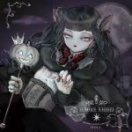  1girl black_capelet black_hair black_skirt brooch capelet earrings fangs full_moon hair_ornament halloween highres jack-o&#039;-lantern jewelry long_hair looking_at_viewer moon night open_mouth original sketch skirt sky smile solo sumire_shisei upper_body white_eyes 