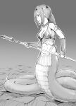  1girl bikini bikini_top_only breasts greyscale highres holding holding_polearm holding_weapon lamia monochrome monster_girl navel original polearm ponytail short_hair solo spear swimsuit weapon yumeaso 