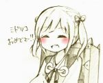  1girl 7mmnote armor blush closed_eyes fire_emblem fire_emblem_fates greyscale japanese_armor japanese_clothes midori_(fire_emblem) monochrome o-ring open_mouth translation_request twintails 