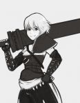  breasts female god_of_war grey_background greyscale monochrome simple_background solo sword weapon 