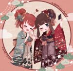  2girls :d ^_^ baozi blue_eyes blue_flower blue_kimono brown_hair closed_eyes commentary_request drooling floral_print flower food hair_bun hair_flower hair_ornament hands_up happy_new_year highres holding holding_food japanese_clothes kimono kira_(kiratwins) kurosu_aroma long_hair long_sleeves looking_at_viewer multiple_girls new_year obi one_eye_closed open_mouth ponytail pretty_series print_kimono pripara red_hair red_kimono sash shiratama_mikan short_hair sidelocks single_hair_bun smile standing wide_sleeves 