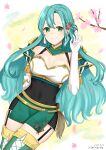  1girl absurdres aqua_hair armor bare_shoulders black_dress breasts cherry_blossoms chloe_(fire_emblem) cleavage commentary_request covered_navel dress fire_emblem fire_emblem_engage garter_straps gloves green_eyes green_skirt hand_up highres large_breasts long_hair looking_at_viewer otokajife pencil_dress petals short_dress shoulder_armor skirt smile solo thighhighs very_long_hair white_gloves 