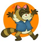 2024 4_fingers anthro biped brown_body clothing eyes_closed fingers gummyboom2 mammal procyonid raccoon rascal_(robot_dreams) red_nose robot_dreams shirt simple_background slightly_chubby smile solo topwear