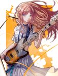  1girl absurdres bang_dream! bang_dream!_it&#039;s_mygo!!!!! bass_guitar blue_eyes brown_hair chinese_commentary clothing_cutout commentary_request cowboy_shot earrings floating_hair flower grey_skirt guitar hair_ornament hairclip highres holding holding_guitar holding_instrument instrument jewelry long_hair looking_at_viewer microphone nagasaki_soyo necklace orange_background parted_lips playing_guitar shirt shoulder_cutout skirt solo tianzhongdouyi1 white_background white_shirt 