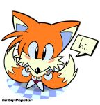 2024 2_tails aliasing anthro artist_name black_eyes black_nose blue_inner_ear blush canid canine cheek_tuft chest_tuft classic_sonic_(universe) classic_tails clothing dialogue digital_media_(artwork) dipstick_tail english_text facial_tuft footwear fox fur glistening glistening_eyes gloves handwear head_tuft hi_res high-angle_view kirby-popstar male mammal markings miles_prower multi_tail prick_ears red_clothing red_footwear red_shoes sega shoes simple_background solo sonic_the_hedgehog_(series) speech_bubble tail tail_markings tail_tuft text tuft white_background white_body white_clothing white_footwear white_fur white_gloves white_handwear white_shoes yellow_body yellow_fur