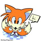  2024 2_tails aliasing anthro artist_name black_eyes black_nose blue_inner_ear blush canid canine cheek_tuft chest_tuft classic_sonic_(universe) classic_tails clothing dialogue digital_media_(artwork) dipstick_tail english_text facial_tuft footwear fox fur glistening glistening_eyes gloves handwear head_tuft hi_res high-angle_view kirby-popstar male mammal markings miles_prower multi_tail prick_ears red_clothing red_footwear red_shoes sega shoes simple_background solo sonic_the_hedgehog_(series) speech_bubble tail tail_markings tail_tuft text tuft white_background white_body white_clothing white_footwear white_fur white_gloves white_handwear white_shoes yellow_body yellow_fur 