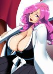  1girl black_kimono bleach breasts carrying_over_shoulder cleavage commentary_request haori highres hikifune_kirio huge_breasts japanese_clothes kimono long_hair long_sleeves looking_at_viewer mattari_yufi open_mouth pink_hair purple_eyes red_lips sash solo taichou_haori upper_body 