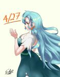 1girl 588arch aqua_hair bow braid breasts chloe_(fire_emblem) cleavage dated dress fire_emblem fire_emblem_engage from_side green_eyes highres large_breasts long_hair looking_at_viewer orange_bow side_braid teardrop_earrings 