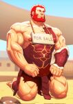  angry armor bara barefoot beard broken_armor facial_hair fate/grand_order fate/zero fate_(series) full_beard highres iskandar_(fate) kneeling large_pectorals male_focus muscular muscular_male pectorals red_hair sweat zelo-lee 