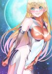  1girl absurdres aino_minako arion_canvas blonde_hair blue_eyes blush bodysuit breasts covered_nipples highres large_breasts long_hair looking_at_viewer magical_girl moon sailor_venus skin_tight smile solo taimanin_(series) taimanin_suit 