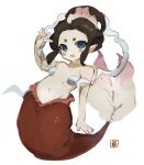  1girl blue_eyes blush_stickers brown_hair flat_chest highres kmnk_(kumanuko) looking_at_viewer mermaid monster_girl navel ningyo_(youkai_watch) open_mouth pointy_ears shell shell_bikini solo youkai_(youkai_watch) youkai_watch 
