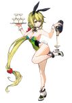  1girl 71pen absurdres animal_ears balancing_on_foot blonde_hair boots bottle breasts champagne_coupe champagne_tower cocktail_glass cup detached_collar drinking_glass elsword fake_animal_ears fake_tail flower full_body highres holding holding_bottle holding_tray long_hair low-tied_long_hair medium_breasts playboy_bunny pouring rabbit_ears rabbit_tail rena_erindel solo tail tray very_long_hair white_flower 