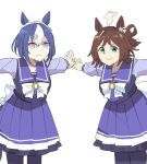  2girls ahoge animal_ears arms_at_sides blue_hair blush braid breasts brown_hair cesario_(umamusume) closed_mouth collarbone commentary_request crown_braid green_eyes highres horse_ears looking_at_viewer medium_breasts multiple_girls nazono77 purple_eyes rhein_kraft_(umamusume) school_uniform simple_background smile t-pose thighhighs tracen_school_uniform umamusume white_background 