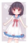  1girl :o bare_arms bare_legs black_hair blue_sailor_collar blush border bow buttons commentary_request double-parted_bangs dress flower_in_eye frilled_dress frills grey_background looking_at_viewer medium_hair miria_(mamamamave) original outside_border outstretched_arms parted_lips red_bow red_eyes red_ribbon ribbon sailor_collar sleeveless sleeveless_dress solo standing symbol_in_eye white_border white_dress 