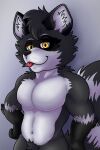 anthro belly black_body black_fur black_hands blep front_view fur grey_background head_tuft male mammal muscular muscular_male procyonid raccoon raccoon_tail rjquaty simple_background solo tongue tongue_out tuft white_belly white_body white_fur yellow_eyes