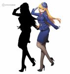  1girl alternate_costume artist_request belt belt_buckle black_footwear blonde_hair blue_belt blue_collar blue_hat blue_jacket blue_pocket blue_skirt blue_sleeves blue_wrist_cuffs blunt_bangs buckle buttoned_cuffs collar collared_jacket collared_shirt company_name english_text flight_attendant full_body garrison_cap gloves hat high_heels jacket leg_up logo long_hair necktie official_art outstretched_arm pumps ratchet_altair red_necktie sakura_taisen sakura_taisen_v salute sega shirt silhouette simple_background skirt sliver_buckle smile solo third-party_source travel_attendant very_long_hair watermark white_background white_collar white_gloves wrist_cuffs 