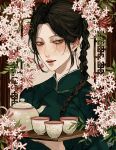  1girl absurdres braid brown_hair chinese_clothes closed_mouth cup flower green_eyes highres holding holding_tray jasmine_(flower) kagoya1219 long_hair looking_at_viewer original solo teapot tray upper_body 