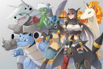  1girl aggron arms_under_breasts black_gloves black_hair blastoise blue_sclera breasts brown_eyes closed_mouth colored_sclera crossed_arms crossover elbow_gloves fire gloves grey_background headgear kantai_collection large_breasts long_hair lucario machi_(ritovoyage) nagato_(kancolle) nagato_kai_ni_(kancolle) open_mouth partially_fingerless_gloves pleated_skirt pokemon pokemon_(creature) rapidash red_eyes red_sclera roserade simple_background skirt twitter_username umbreon very_long_hair white_skirt 