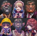  3boys 3girls backpack bag beard_stubble black_background black_hair blonde_hair blue_eyes blue_hair blush collared_shirt commentary_request crooked_teeth dress earrings facial_hair glasses gradient_hair grin hat jewelry jonpei lips long_hair maid maid_headdress multicolored_hair multiple_boys multiple_girls necktie nervous_smile open_mouth original randoseru red_hair school_hat shirt smile stubble sweat teeth twintails two-tone_hair ugly_man vest yellow_eyes 