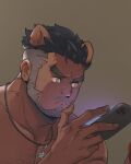  1boy absurdres alca_(wakatanka4) alternate_skin_color angry animal_ears bara black_hair cellphone chenxiaocheng923 dark-skinned_male dark_skin facial_hair frown gyee highres lion_boy lion_ears lion_necklace male_focus mature_male muscular muscular_male mustache_stubble nude original phone portrait short_hair smartphone solo sparse_chest_hair stubble thick_eyebrows undercut 