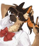  1girl animal_ear_fluff animal_ears black_hairband body_fur bow bowtie brown_eyes brown_fur brown_hair claws closed_mouth collared_shirt commentary_request dog_ears dog_girl furry furry_female hairband hands_up highres long_hair looking_at_viewer mouth_hold multicolored_hair orange_hair original ponytail rata_(norahasu) red_bow red_bowtie school_uniform shirt short_sleeves simple_background smile streaked_hair tying_hair upper_body white_background white_shirt 