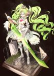  1girl armor armored_boots armored_dress boots crown dress eye_mask falulu falulu_(awakened) full_body gold_trim green_hair headphones highres holding holding_sword holding_weapon idol_clothes long_hair mini_crown parted_bangs pretty_series pripara pripara_pripuz ruru_ashihara sidelocks solo standing sword third-party_source twintails very_long_hair wavy_hair weapon white_dress wing_hair_ornament 