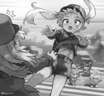  5girls absurdres blue_archive fang gameplay_mechanics greyscale health_bar hepari highres hikari_(blue_archive) hoshino_(blue_archive) long_hair monochrome multiple_girls nozomi_(blue_archive) pointy_ears scene_reference serika_(blue_archive) shiroko_(blue_archive) shorts skin_fang speed_lines twintails twitter_username 