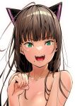  1girl absurdres animal_ears bare_shoulders blunt_bangs breasts brown_hair cat_ears clenched_hand collarbone commentary fangs green_eyes highres hime_cut kurosawa_dia long_hair looking_at_viewer love_live! love_live!_sunshine!! mole mole_under_mouth nude open_mouth paw_pose small_breasts solo tommer upper_body white_background 