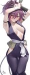  1girl absurdres arm_strap armpits arms_up bare_shoulders blush breasts detached_sleeves high_ponytail highres hip_vent jigokuraku kawai_ritsu_(rits_meg) kunai looking_at_viewer medium_breasts medium_hair ninja purple_hair red_eyes rope sideless_outfit smile solo thighs tongue tongue_out weapon yuzuriha_(jigokuraku) 