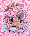  1girl :o alternate_costume baseball_cap black_sweater blue_hair blue_skirt christmas_sweater clownfish co_ma_tsu_na colored_eyelashes commentary_request cowboy_shot drooling fish gradient_hair green_eyes green_hair hair_ornament hair_scrunchie hand_up harmony&#039;s_clownfish_(splatoon) harmony_(splatoon) hat highres long_hair looking_at_viewer mouth_drool multicolored_hair multicolored_scrunchie open_mouth oversized_clothes pink_hair pink_pupils print_sweater scrunchie sideways_hat skirt sleeves_past_wrists solo splatoon_(series) splatoon_3 standing striped_clothes striped_headwear sweater tentacle_hair very_long_hair yellow_hat 