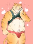  2024 amle anthro clothed clothing clothing_lift felid hi_res humanoid_hands japanese_text jockstrap kemono mammal navel pantherine pink_nose shirt shirt_lift simple_background solo text tiger topwear underwear 