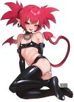  1girl arm_belt ass bare_shoulders belt black_thighhighs choker commentary_request demon_girl demon_tail demon_wings disgaea earrings elbow_gloves etna_(disgaea) feet flat_chest gloves highres jewelry legs looking_at_viewer microskirt nanja navel no_shoes panties pointy_ears red_eyes red_hair short_twintails shorts simple_background sitting skindentation skirt skull_earrings slit_pupils smile soles solo tail thighhighs toes tongue tongue_out twintails underwear white_panties wings 