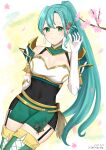  1girl absurdres alternate_hairstyle aqua_hair armor bare_shoulders black_dress breasts cherry_blossoms chloe_(fire_emblem) cleavage commentary_request covered_navel dress fire_emblem fire_emblem_engage garter_straps gloves green_eyes green_skirt hand_up highres large_breasts long_hair looking_at_viewer otokajife pencil_dress petals ponytail short_dress shoulder_armor skirt smile solo thighhighs very_long_hair white_gloves 