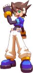  1boy absurdres black_bodysuit blue_footwear blue_jacket bodysuit bodysuit_under_clothes brown_hair clenched_hand cropped_jacket green_eyes highres jacket makoto_yabe mega_man_(series) mega_man_zx official_art open_mouth pants robot_ears shoes short_hair simple_background smile solo teeth upper_teeth_only vent_(mega_man) white_background white_pants 