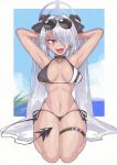  1girl arms_behind_head arms_up bikini black_bikini blue_archive breasts breasts_apart choker dark-skinned_female dark_skin demon_tail eyewear_on_head grey_hair hair_over_one_eye highres inkerton-kun iori_(blue_archive) iori_(swimsuit)_(blue_archive) large_breasts long_hair navel pointy_ears red_eyes seiza sitting solo sunglasses swimsuit tail thigh_strap tongue 