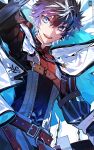  1boy absurdres black_hair blue_cape blue_eyes cape charlemagne_(fate) eeju fate/grand_order fate_(series) hair_between_eyes highres looking_at_viewer male_focus multicolored_hair shirt short_hair smile solo streaked_hair two-sided_cape two-sided_fabric two-tone_hair upper_body white_cape white_hair 