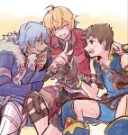  3boys ahoge artist_name blonde_hair blush brown_hair character_request cheppo chest_jewel closed_eyes dark-skinned_male dark_skin fur_trim gloves grin highres long_sleeves male_focus multiple_boys open_mouth rex_(xenoblade) short_hair simple_background sitting smile teeth xenoblade_chronicles_(series) xenoblade_chronicles_2 