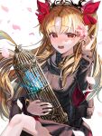  1girl absurdres birdcage black_dress blonde_hair blush cage dress earrings ereshkigal_(fate) ereshkigal_(third_ascension)_(fate) fate/grand_order fate_(series) gold hair_ribbon highres holding holding_cage huo_ting infinity_symbol jewelry layered_sleeves long_hair long_sleeves looking_at_viewer parted_bangs red_eyes red_ribbon ribbon skull skull_ornament solo spirit tiara two_side_up 