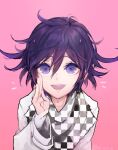  1boy arm_belt belt black_scarf checkered_clothes checkered_scarf commentary_request danganronpa_(series) danganronpa_v3:_killing_harmony dated eyelashes hair_between_eyes hand_on_own_cheek hand_on_own_face jacket layered_sleeves long_sleeves multicolored_clothes multicolored_jacket notice_lines oma_kokichi open_mouth palms pink_background purple_eyes purple_hair scarf short_hair signature simple_background sleeves_past_wrists smile solo straight-on teeth torn_clothes torn_scarf two-tone_jacket u_u_ki_u_u upper_body upper_teeth_only white_belt white_jacket white_scarf 