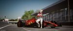  3d_(artwork) anthro blender_(artwork) blender_cycles canid canine car clothed clothing detailed_background digital_media_(artwork) ferrari formula formula_1 formula_1_car fur hair hi_res hoodie looking_at_viewer male mammal markings mrgaleo outside race race_car race_track rexouium smile solo spots spotted_body spotted_fur topwear vehicle white_body white_fur 