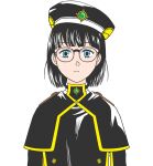 1girl beret black_capelet black_hair black_jacket blue_eyes capelet closed_mouth commentary continental_magic_association_receptionist_(sousou_no_frieren) dominomido expressionless eyelashes flat_color gem glasses hat highres jacket looking_at_viewer portrait simple_background solo sousou_no_frieren straight-on upper_body white_background 