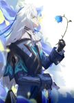  1boy ascot asymmetrical_bangs black_gloves blue_capelet blue_coat blue_flower blue_hair cane capelet coat flower genshin_impact gloves hair_between_eyes hair_tubes highres holding holding_cane holding_flower long_hair long_sleeves low-tied_long_hair male_focus mikuroron multicolored_hair neuvillette_(genshin_impact) parted_lips solo streaked_hair upper_body white_ascot white_hair 