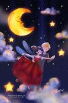  1girl adrien_agreste ann_e7s blonde_hair blue_eyes blue_hair closed_mouth cloud cloudy_sky dancing dress fairy_wings green_eyes grey_vest hair_bun happy highres looking_at_another marinette_dupain-cheng miraculous_ladybug moon night night_sky polka_dot red_dress red_footwear sky smile star_(sky) vest wings 