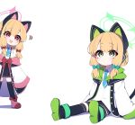  2girls absurdres animal_ear_headphones animal_ears black_skirt black_thighhighs blonde_hair blue_archive blue_necktie blush bow cat_ear_headphones cat_tail fake_animal_ears hair_bow halo headphones highres hood hooded_jacket jacket looking_ahead looking_at_another midori_(blue_archive) momoi_(blue_archive) multiple_girls necktie o2h2_oh4 outstretched_legs shirt siblings sidelocks simple_background sisters sitting skirt sleeves_past_fingers sleeves_past_wrists smile tail teeth thighhighs twins upper_teeth_only white_background white_shirt 