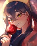  1girl black_hair blush candy_apple carmine_(pokemon) colored_inner_hair commentary_request crossed_bangs food hair_between_eyes hairband highres holding holding_food japanese_clothes jinbei_(clothes) looking_at_viewer mitorizu_02 mole mole_under_eye multicolored_hair pokemon pokemon_sv red_hair smile solo teeth upper_body yellow_eyes yellow_hairband 