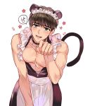  1boy abs animal_ears apron bishounen black_collar blush brown_eyes brown_hair cat_ears cat_tail collar cowboy_shot flower_(symbol) frilled_apron frills highres jeong_taeui maid_apron maid_headdress male_focus mi8_89 nipples open_clothes open_mouth passion_(manhwa) paw_pose pectorals rabbit_symbol short_hair simple_background smile solo star_(symbol) tail teeth white_apron white_background 