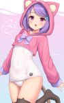 1girl :o animal_ear_legwear animal_hood black_thighhighs blush bow bowtie breasts covered_navel cropped_hoodie highres hood hoodie long_sleeves medium_hair one-piece_swimsuit original pink_eyes purple_bow purple_bowtie purple_hair sasaame small_breasts solo swept_bangs swimsuit thighhighs white_one-piece_swimsuit 