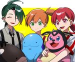  3girls :d ahoge black_necktie border clodsire closed_eyes closed_mouth collared_shirt commentary_request earrings genjitsu_o_miro green_eyes green_hair happy highres holding holding_pokemon jewelry long_hair miltank misty_(pokemon) multiple_girls necktie open_mouth orange_hair outside_border pokemon pokemon_(anime) pokemon_(classic_anime) pokemon_(creature) pokemon_hgss pokemon_masters_ex pokemon_sv quagsire rika_(pokemon) shirt short_sleeves side_ponytail smile stud_earrings suspenders teeth tongue upper_teeth_only white_border whitney_(pokemon) yellow_background yellow_shirt 
